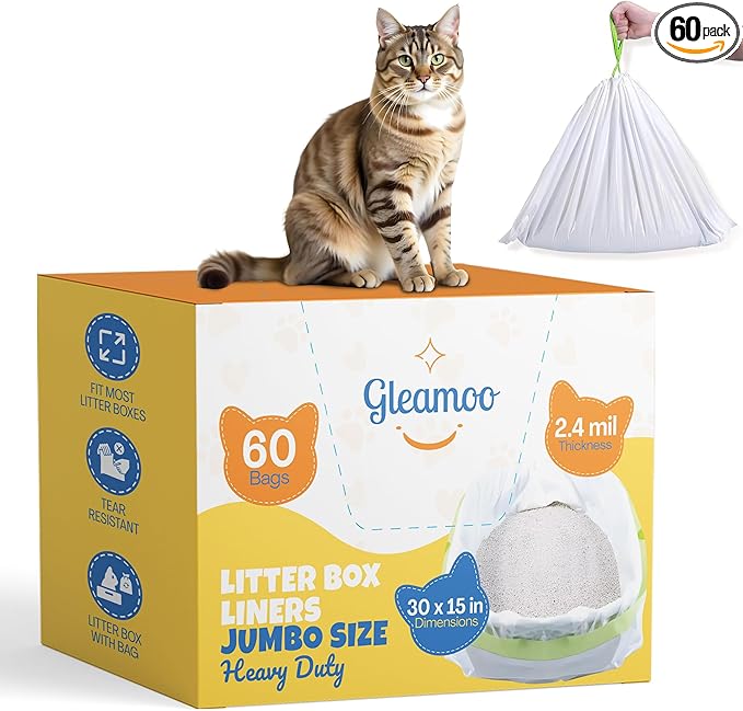 60 Count Cat Litter Box Liners – Extra Thick 2.4 Mil Drawstring Cat Litter Bags, Heavy-Duty & Waterproof, Tear-Resistant Kitty Litter Pan Liners for Hassle-Free Cleanup (30" x 15")