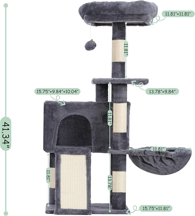 Cat Tree, 41.3" Cat Tower for Indoor Kittens with Scratching Board and Posts, Multi-Level Cozy Cat Condo with 2 Perches, Hammock, Balls, Smoky Gray GCT005SG