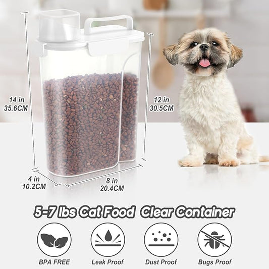 5-7Lbs Dog Cat Food Storage Container with Upgraded Large Nozzle BPA-free, 4 Snap Seals Plastic Pet Food Storage Containers with Handles (1, White, 5L)