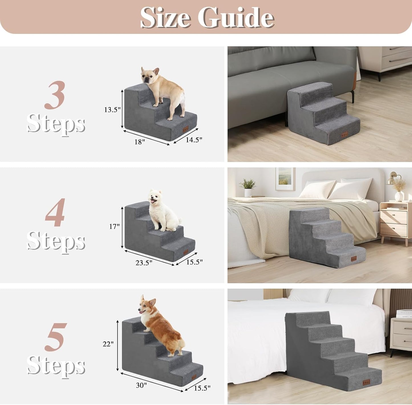GGIB Dog Stairs for Small Dogs Cats Non-Slip Dog Steps for High Bed Pet Stairs for Sofa Couch Pet Ramp Pet Steps with Removable Washable Cover, Grey, 13" H, 3-Step