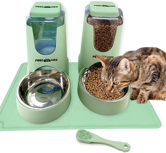 Automatic Cat Feeder Dog Water Bowl Dispenser – 2-Pack Automatic Dog Feeder with Silicone Mat, Pet Toothbrush – Safe Non-BPA Materials – Large Capacity for Small and Medium Animals Green
