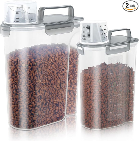 Cat Dog Food Storage Container, Upgraded Large Nozzle BPA-free, 3&5lbs Plastic Pet Food Storage Containers, With 4 Sealed Clasps, 1 Measuring Cup and Handle, Easy to Clean and Carry -Clear Grey 2Pack