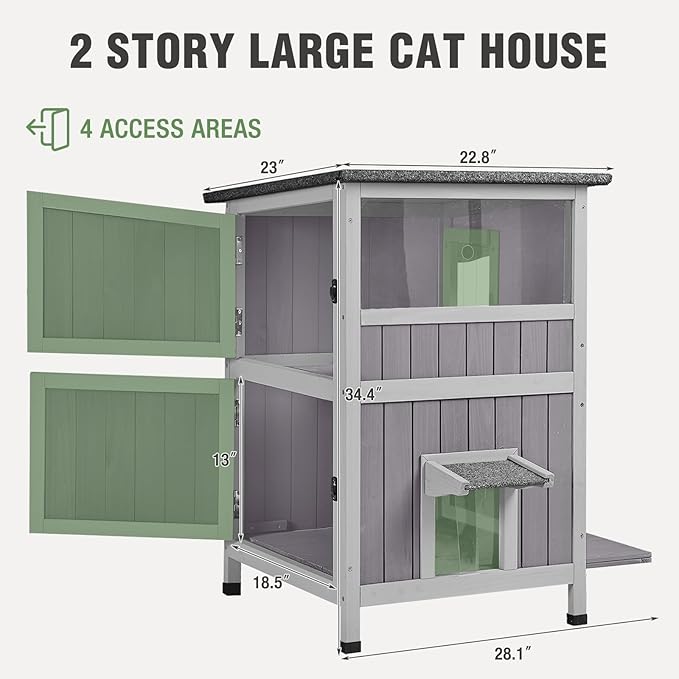 Outdoor Cat House Weatherproof, 2-Storys Feral Cat House with 2 Escape Doors and Window, Stray Cat Shelter with 2 Large Side Doors and Removable Floor