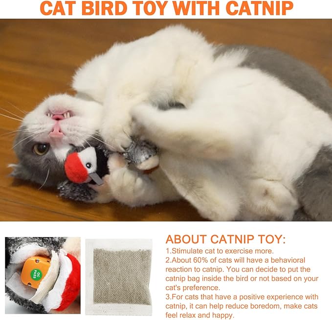 Tocirelo Flapping Bird Cat Toy - Chirping Bird Cat Toy Flapping Wings for Bored Indoor Cats, Interactive Simulated Flying and Realistic Flappy Bird, Touch Activated 7.1" Kitten Kicker Toy with Catnip