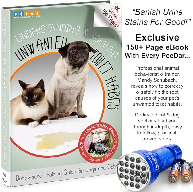 2.0 UV Pet Urine Detector Black Light LED Flashlight + Cat & Dog Behavior Guide. Ultra Bright Optimal 380-385NM Wavelength Finds Invisible Stains Instantly! Stop Pet Pee Issues Forever