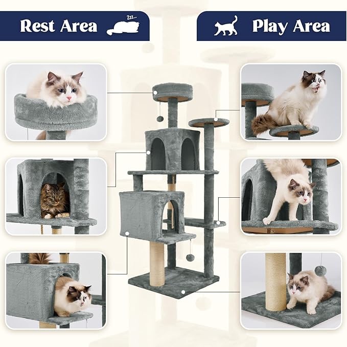 58.5inch Large Cat Tree Tower Condo for Indoor Cats, Soft Plush Multi-Level Climbing Tree Cat House, Scratching Post, More Entrance/Exit, Sisal Rope, Grey