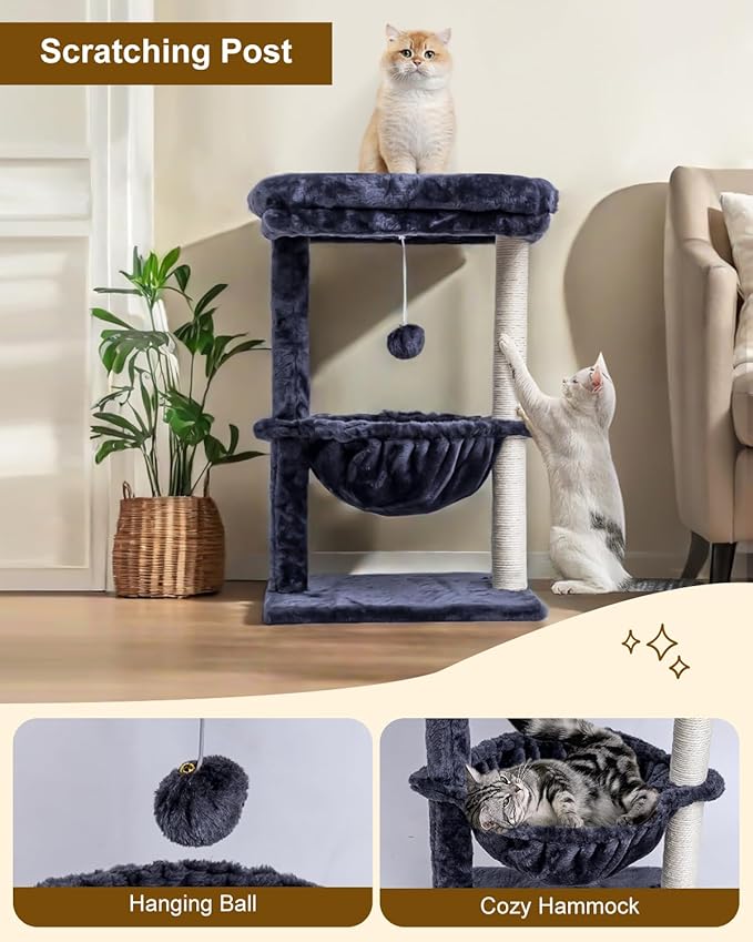 SYANDLVY Small Cat Tree for Indoor Cats, Activity Cat Tower with Scratching Post for Kittens, Cat Condo & Furniture with Basket & Hanging Ball for Play Rest