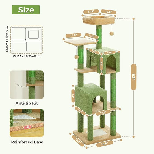 PAWZ Road Cactus Cat Tree Tower 62 Inches Cat Tree with 2 Condos,2 Large Perch,4 Scratching Posts & 1 Scratching Board, and 2 Hanging Balls for Indoor Cats