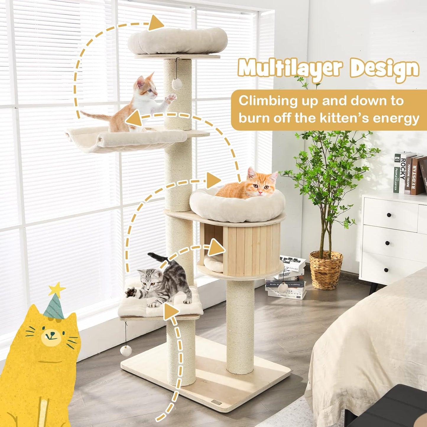 PETSITE 68.5" Tall Cat Tree, Multi-Level Modern Cat Tower with Sisal Scratching Posts, Top Perch, Cat Condo, Hammock, Jingling Balls, and Washable Cushions, Cat Tree Tower for Indoor Cats Large Adult