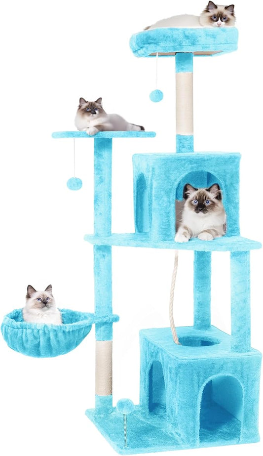 Cat Tree, 54-Inch Cat Tower for Indoor Cats,Plush Multi-Level Cat Condo with Scratching Posts, Basket, Perches,2 Caves,2 Pompoms(Blue)