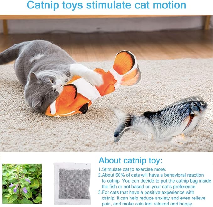 Interactive Cat Toys Flopping Fish with Catnip, Moving Cat Toys for Indoor Cats 2Pack, 11" Electric Automatic Kitten Kicker Exercise Toy, Wiggle SilverVine Floppy Fish for Small Dogs, Kitten