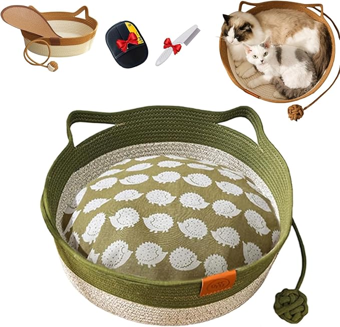 Cutypet Cat Basket, Cuty Pet Basket, Handwoven Cotton Rope Cat Bed, cat Scratch Bed with Built-in Teasing Ball, Breathable & Easy to Clean and Detachable Pad (Green with Cushion, Medium)