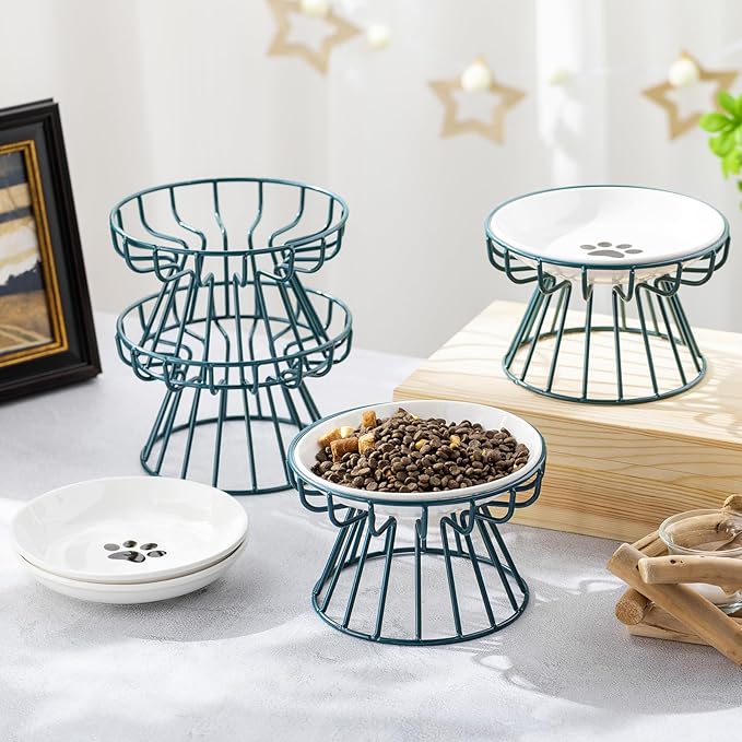 Roshtia 4 Sets Elevated Cat Bowls Ceramic Raised Cat Food Bowls with Metal Stand Dishwasher Safe Dishes Non Slip Elevated Food Plate(Green,Paw)