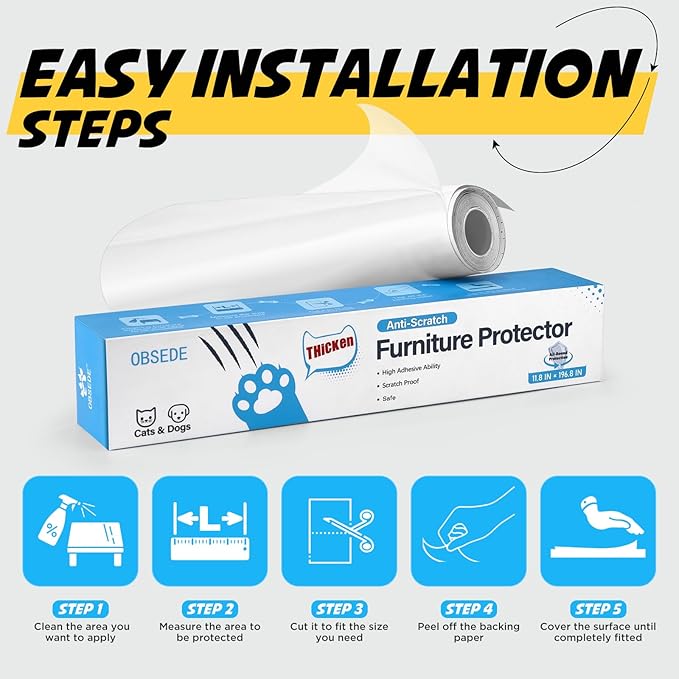 OBSEDE Cat Scratch Furniture Protector Roll, 0.2mm Extra Thick Clear Shield, Single-Side Adhesive Guard for Couch & Sofa Corners, Pet Deterrent Training Tape, 11.8 x 196.8 inch for Happy Pet Homes