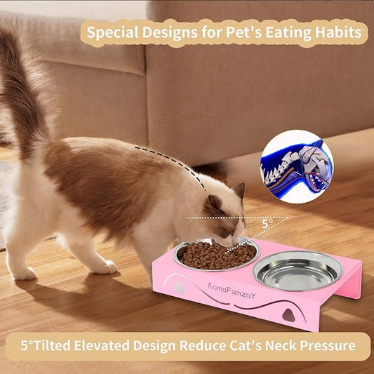 2 Pack Cat Food Bowls - Indoor Set with Metal Stand,5° Tilted Anti Vomiting Wide Raised Pet Dish, Cute Elevated Cat Feeding Station for Food Water, 4 Stainless Steel Bowls for Kitten, Puppy,Pink