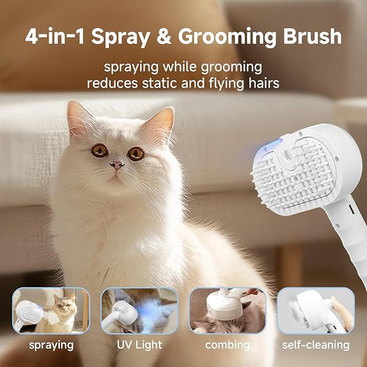 Cat Steam Brush,4-in-1 Spray Hair Removal Dog Brush for Shedding & Grooming with UV Light, Anti-Static Pet Spray Comb with One-Click Release Button