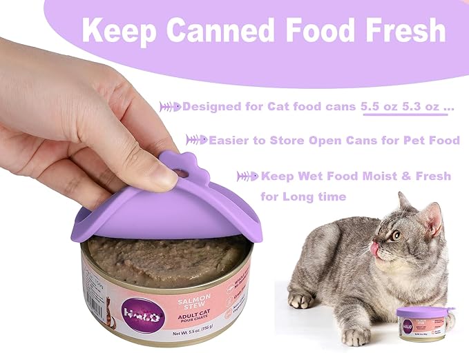 Comtim Cat Food Can Covers Lids for 5.5 oz Cans, 2 Pack Silicone Cat Food Can Lids for 5.5 oz 5.3 oz Cans...Pet Food Can Covers Reusable Can Toppers Savers for Wet Food (Lilac purple)