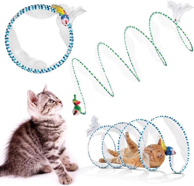 2-Piece Spiral Cat Tubes for Indoor Cats, Large Collapsible Tunnel with Feather Mouse Interactive Toy (Green + Blue & White)