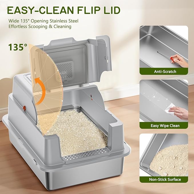 Stainless Steel Litter Box with Lid, 28" XXXL Large Cat Litter Box Enclosure for Multiple Cats, Odor Control with Carbon Filters, Anti-Leak High Sided, Includes Removable Lid & Scoop Light Gray