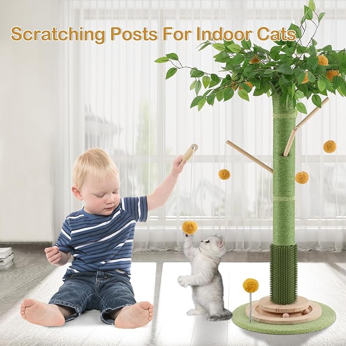 Cat Scratching Post for Indoor Cats Adults, 45 Inch Tall Cat Scratcher with Sisal Rope, Large Cats Scratching Posts with Hanging Ball for Kittens and Medium Large Cats