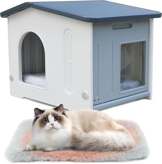 Plastic Cat House for Outdoor Indoor Use, Feral Cat House with Escape Door and Soft Mat, Cat Houses for Outdoor Cats Outside Cat Shelter for Small Pet, Assemble Easily - Grey