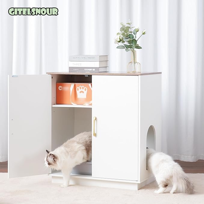 Litter Box Enclosure, 30.9'' High Large Litter Box Furniture, Modern Cat Litter Box Enclosurewith Hidden Storage, Side Table, End Table, White and Brown GCLB003WWB