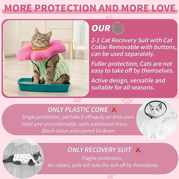 EMUST 2PCS Cat Recovery Suit and Cone Collar - Breathable Spay Suit, Adjustable Soft E Collar Alternative for Cats After Surgery - Green, L (8-16lb)