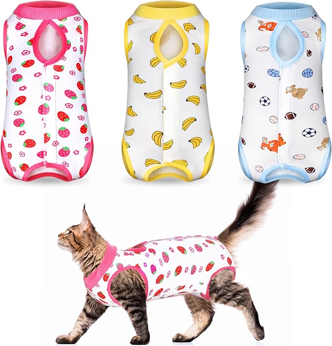 Nuanchu 3 Pieces Cat Recovery Suit Kitten Recovery Suit E-Collar Alternative for Cats and Dogs Abdominal Skin Anti Licking Pajama Clothes Sets(Strawberry Pattern,Medium)