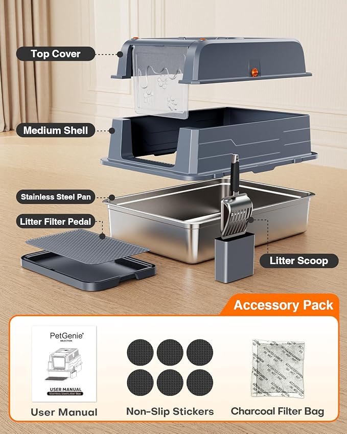 PetGenie® 2025 XXXL Stainless Steel Cat Litter Box (152L) - Leak-Proof for High Pee Cats, 180° Flip Top Lid & 3-in-1 Modes, Fits Maine Coon/Multi-Cat Homes w/Metal Scoop & Charcoal Filter