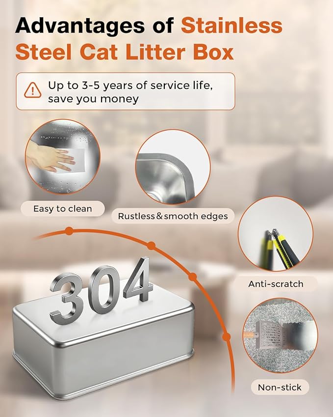 Stainless Steel Litter Box with Lid - Extra Large Cat Litter Boxes for Big Cats with Mat & Scoop - Anti-Leakage, Odor-Proof, High-Sided, Non-Stick＆ Easy to Clean - Ideal for Multi-Cat Homes - Gray