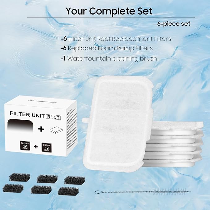 6 PCS Upgraded Filter Unit Rect Pet Cat Kit Water Fountain Filters Fit For E versweet MAX 105 fl oz/3L Automatic Pet Fountain, Include Replacement Filters and Replaced Foam Pump Filter
