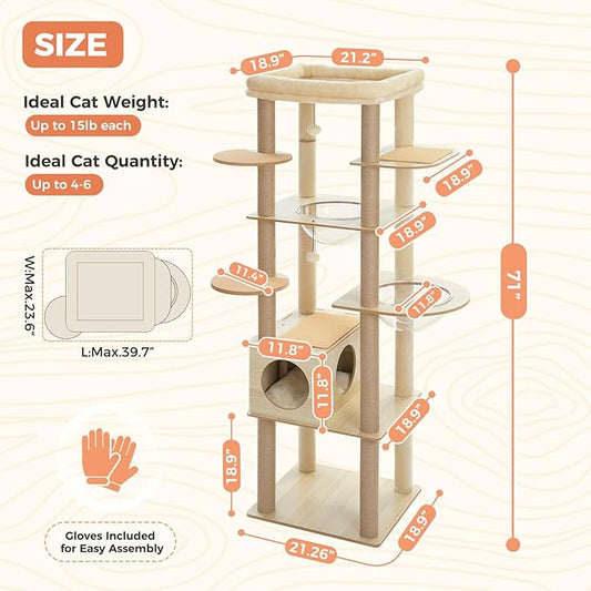 71" Tall Wood Cat Tree for Large Cats, Modern Cat Tower with 2 Acrylic Bowls, Large Top Perch, Spacious Cat Cave (Soft Cushion Included), 10 Sisal Scratching Posts and Non-Slip Jump Platforms