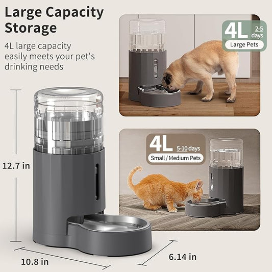 Cat Water Dispenser and Stainless Steel Bowl, Automatic Gravity Water Dispenser for Cats or Small Medium Size Dogs, Large Capacity, Easy to Clean and Safe for Pets