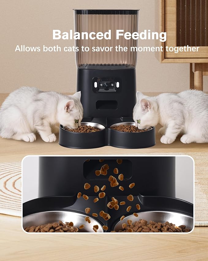 Automatic Cat Feeder, Camera Auto 2 Cats Dispenser 5L Microchip WiFi 2.4G&5G Timed Dual Pet Smart APP Dry Food Self Feeding Container Station(Black, 2 Bowls)