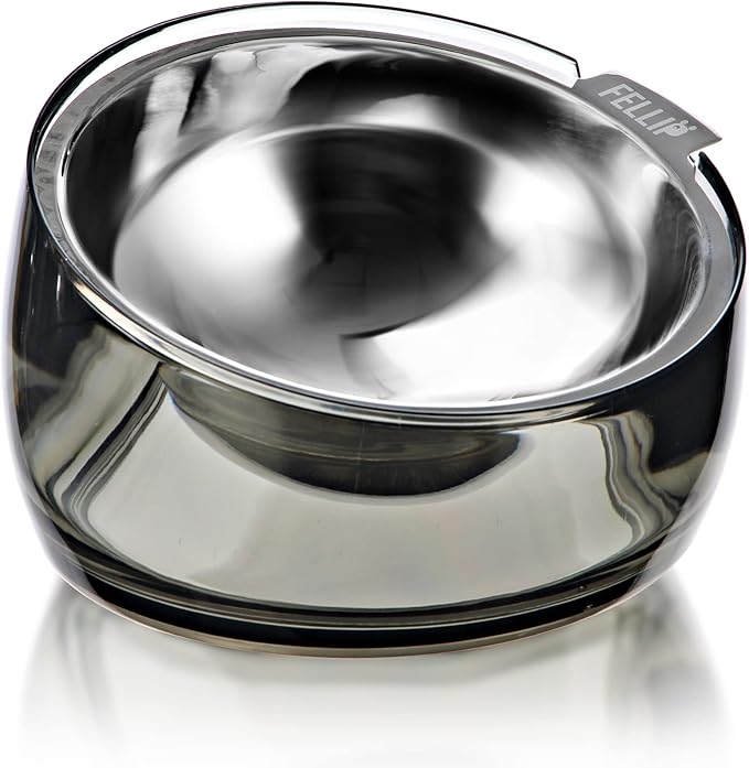 Felli Pet Oblik Spill Proof Dog Food Water Bowl Raised Acrylic Cone, Stainless Steel Tilted Oval Dish Pet Friendly, Slanted Metal Plate Feeder Elevated for Small Medium Size Dog (1.5Cup, Smoky)