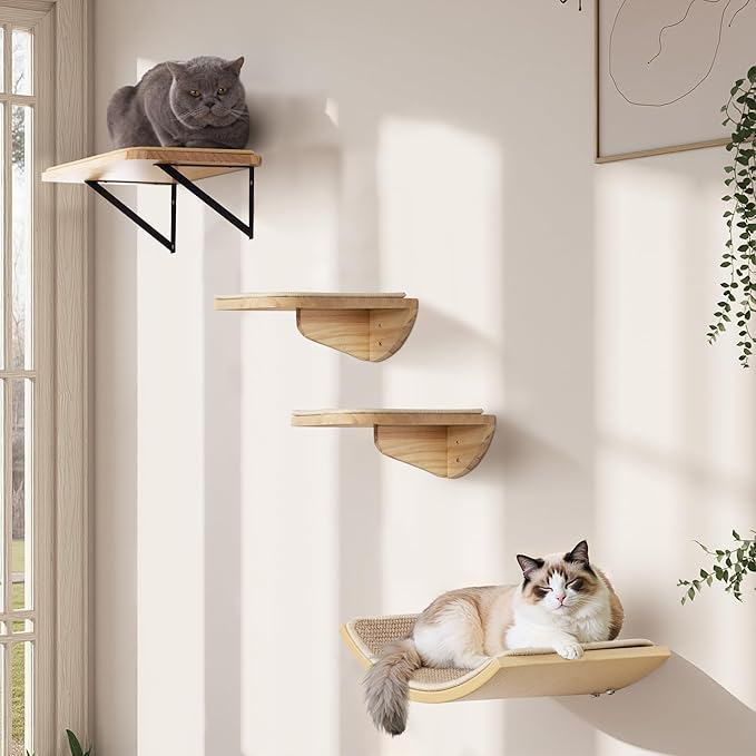 Wood Cat Wall Shelves with Sisal Mat – Cats Wall Furniture Steps for Large Cats, Perfect for Play and Vertical Movement