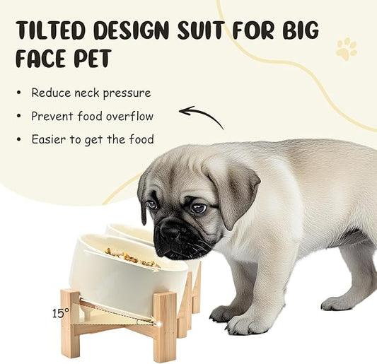SPUNKYJUNKY 15° Slanted Ceramic Dog and Cat Bowl with Wooden Stand, Tilted Bulldog Food and Water Bowl No Slip Non-Spill for Cats Medium Dogs Big Face Pets 13.5 OZ (1.7 Cups, Beige × 2)