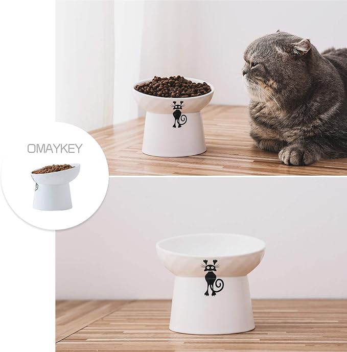OMAYKEY Ceramic Raised Cat Bowls, Tilted Elevated Cat Food and Water Bowls Set, Porcelain Stress Free Pet Feeder Bowl Dish for Cats and Small Dogs, Dishwasher and Microwave Safe - White, Set of 2