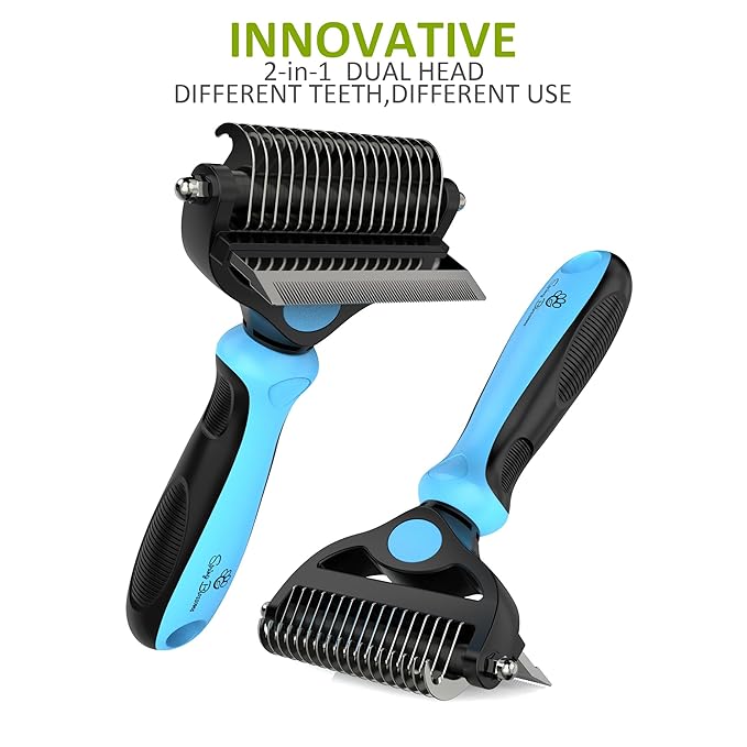 Spring Blossoms-2 in 1 Professional Grooming Rake for Cats & Dogs-Dematting Comb for Easy Mats & Tangles Removing,Pet Brush Safe No More Nasty Shedding and Flying Hair (Blue)