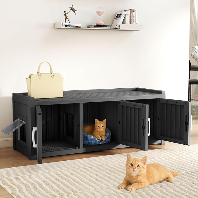 Cat Litter Box Enclosure Resin Hidden Cat Litter Box Furniture Multi Functional Three Door Spacious Odorless Waterproof UV Resistant Durable Indoor Outdoor Use Black