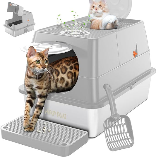 Stainless Steel Litter Box with Lid, 135° Flip-Top Extra Large Cat Litter Pan, Enclosed Metal Litter Box with Litter Scoop & Filter Pedal,Odor Free, Front & Top Dual Entry