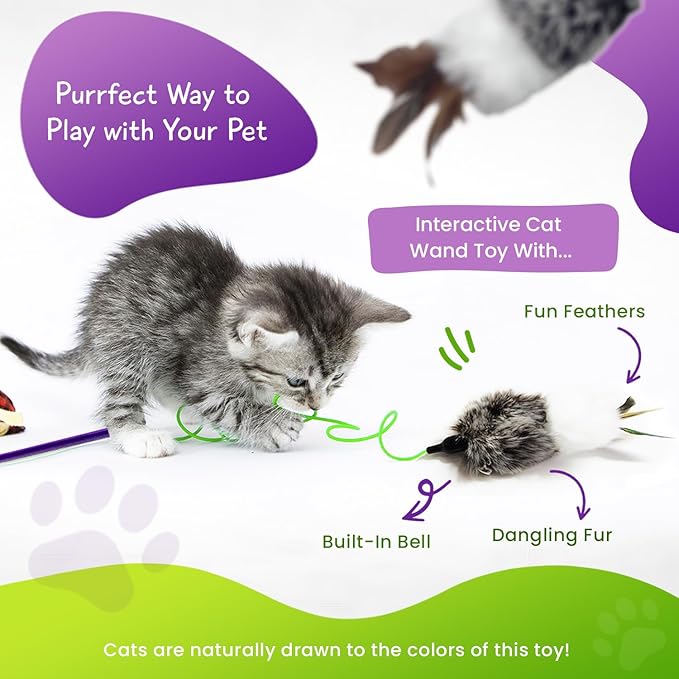 Interactive Cat Toy Wand with Feather and Bell- Vibrant Blue-Violet Wand Cat Toys for Indoor Cats- Feather String Toy for Cats and Kittens.