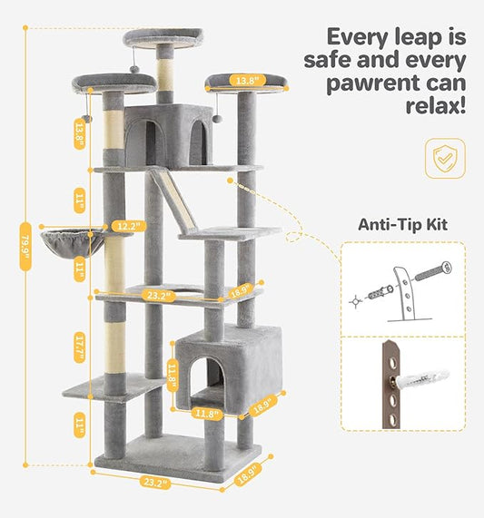 Made4Pets Tall Cat Tree, 80" Cat Tree Tower for Indoor Cats Large Adult, Modern Cat Tower with Scratching Post, Cozy Hammock, 3 Perches and 2 Condos, Sturdy and Fluffy, Light Gray