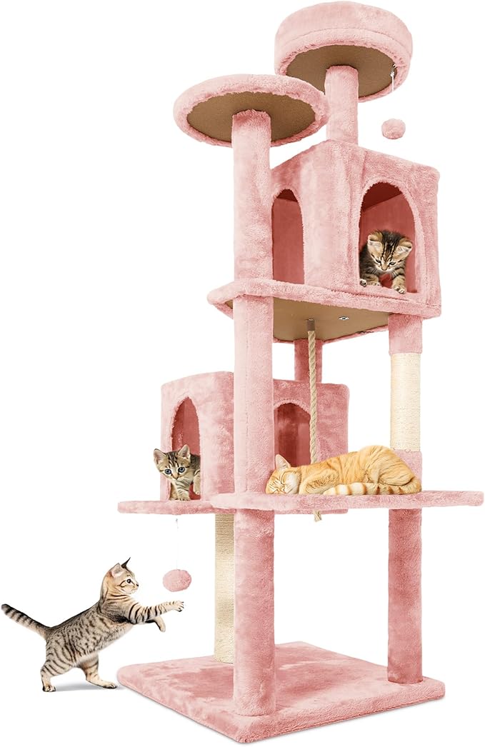 58.5inch Large Cat Tree Tower Condo for Indoor Cats, Soft Plush Multi-Level Climbing Tree Cat House with 1 360° Rotating Cat Cave, Scratching Post, More Entrance/Exit, Sisal Rope, Pink