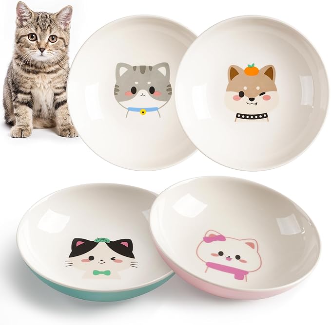 Cat Bowls, Ceramic Cat Food Bowl Set with White Silicone Ring for Non Slip, Cute Cats Dishes or Plates for Feeding Indoor Cats, Kitten, Small Dogs (Multicolored 4 Pack-Cute Pet, 5.5 Inches)