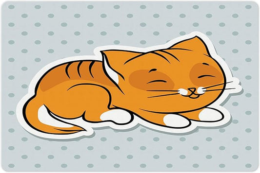 Lunarable Cat Pet Mat for Food and Water, Sleeping Kitten on Polka Dots Background Theme Graphic, Non-Slip Rubber Mat for Dogs and Cats, 18" X 12", Marigold Orange