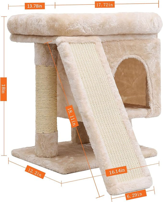 SYANDLVY Small Cat Tree for Indoor Large Cats, Kittens Condo with Scratching Post and Board, Modern Activity Tower with Cave (Beige)