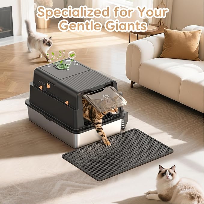 L8 Max-XXXL Stainless Steel Litter Box with Lid, Extra Large Enclosed Metal Cat Box for Large & Multi-Cats, Odor Control-Cat Litter Deodorizer, High Sided Enclosure with Scoop&Mat, Anti-Leakage-Black