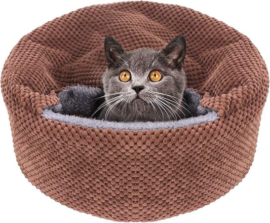 Winsterch Washable Cat Bed - Round Soft, Cozy & Warming for Indoor Cats. Calming Kitten Pet Bed. Small Pet Covered Cat Cave Beds (Coffee,12.59 x 12.59 x 5.91 in)
