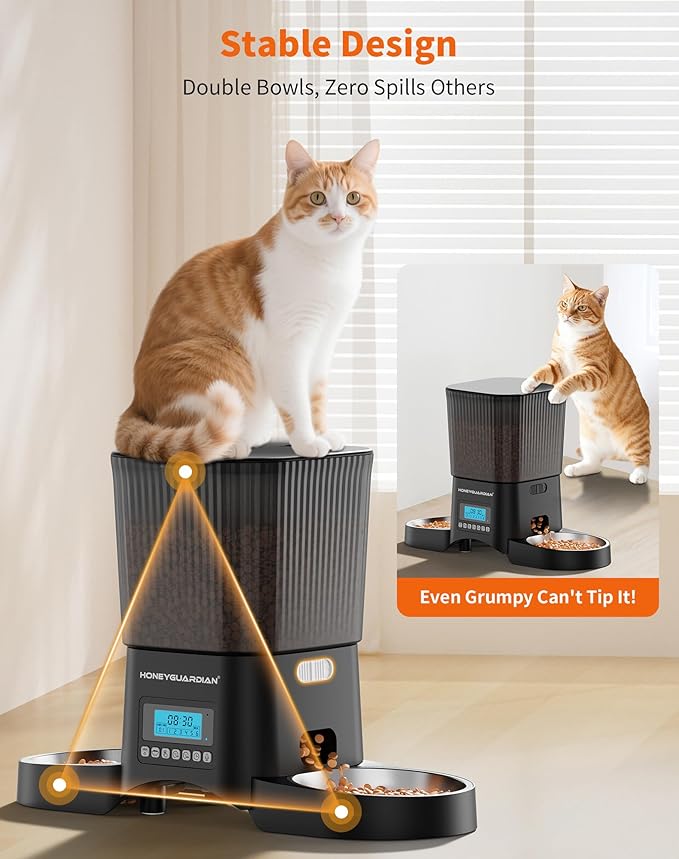 HoneyGuaridan Automatic Cat Feeder for 2 Cats, Automatic Cat Food Dispenser, Timed Pet Feeder for Cats and Dogs, Desiccant Bag, Programmable Portion Control,10s Voice Recorder